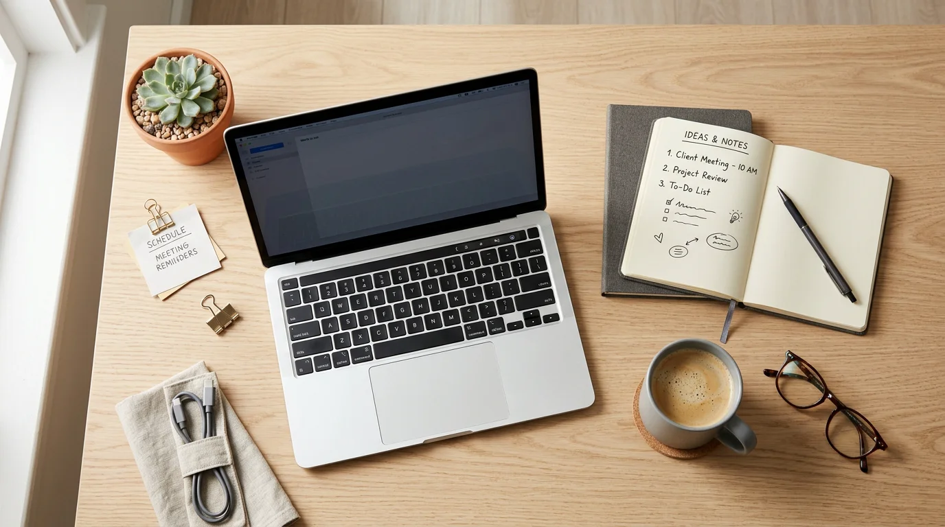 A neat coworking desk with laptop, notebook and coffee viewed from above