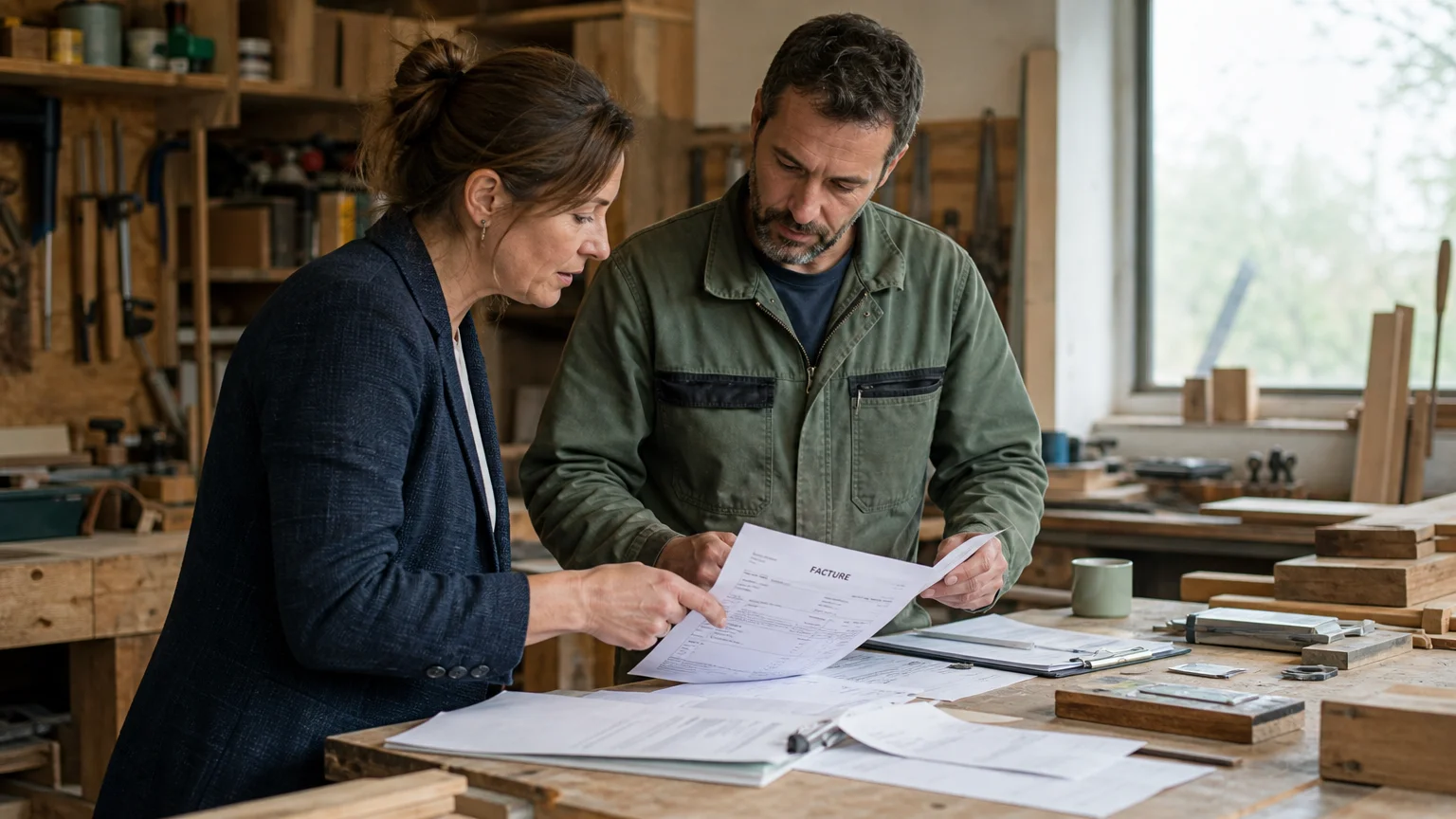 Dirigeants analysant des factures et la rentabilité d’une prestation dans un atelier
