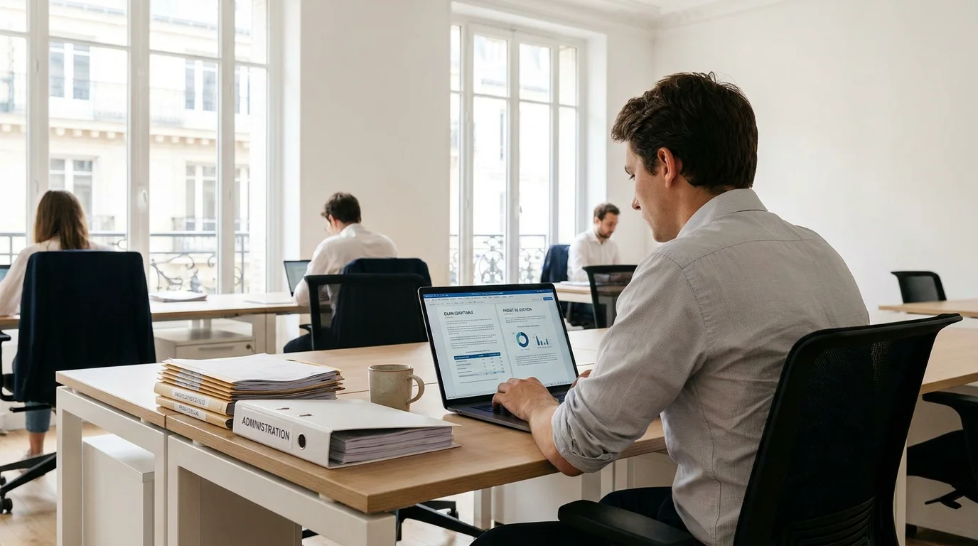 Espace de travail tertiaire moderne illustrant un poste en intérim dans le secteur des services en France