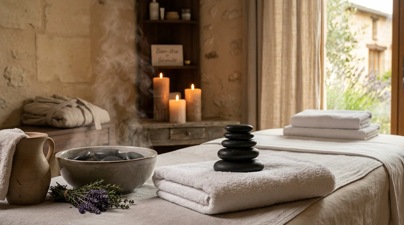 Pierres chaudes de basalte empilées sur une serviette dans une ambiance spa
