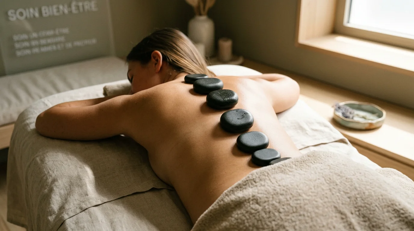 Pierres de basalte alignées le long de la colonne lors d'un massage