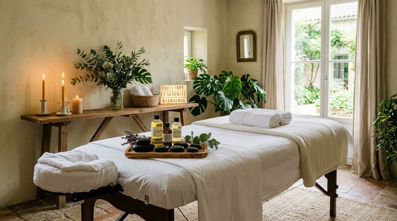 Cabine de soin apaisante avec pierres chaudes prêtes pour un massage
