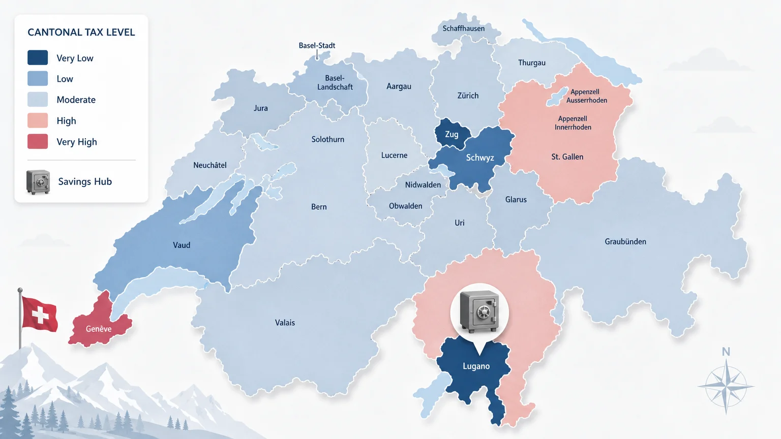Conceptual map of Swiss cantons illustrating different pension withdrawal tax levels