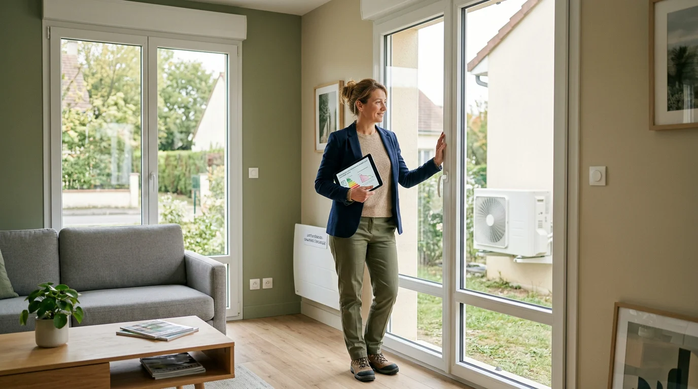Diagnostiqueur énergétique inspectant un logement rénové avec une tablette