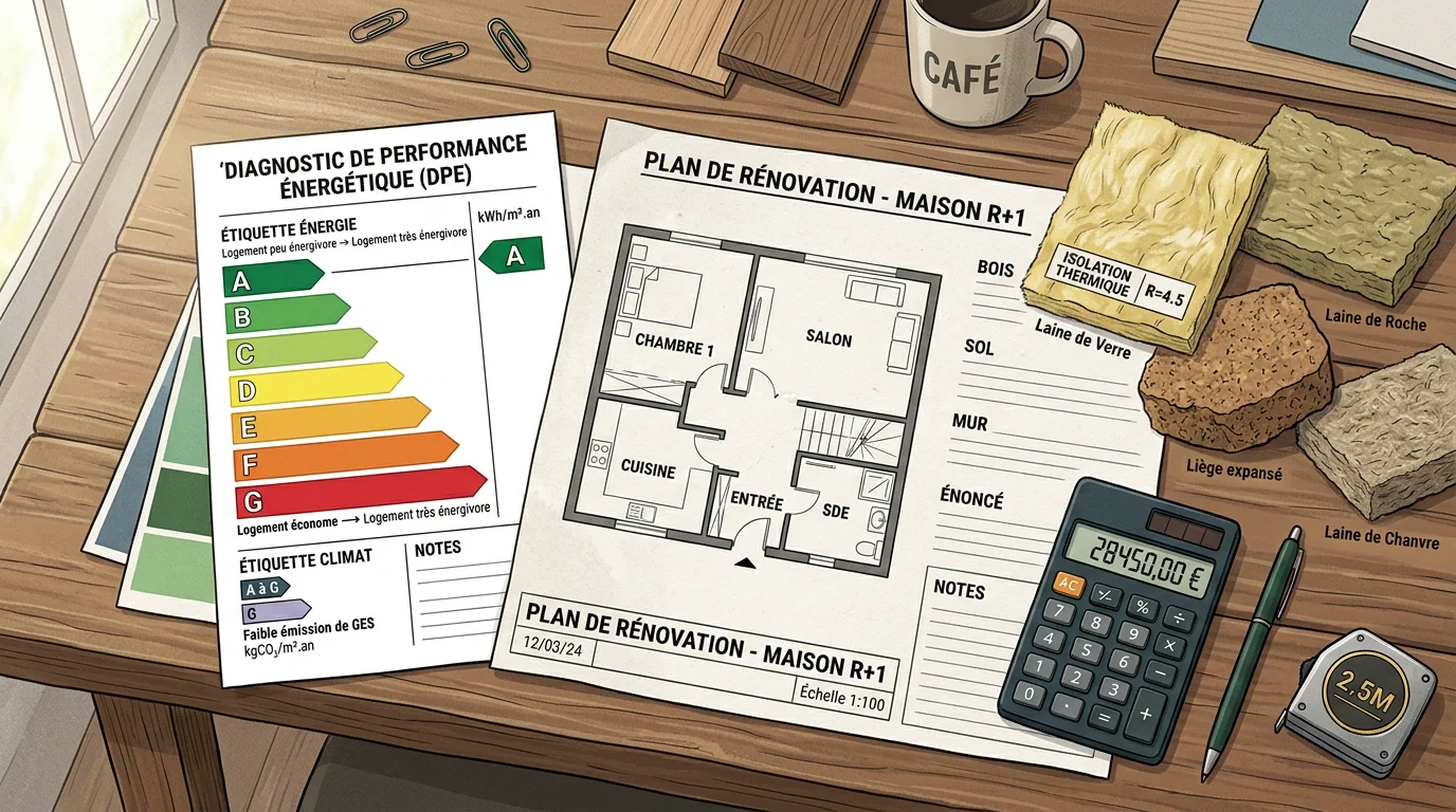 Plan de rénovation énergétique avec étiquette DPE et échantillons d'isolation