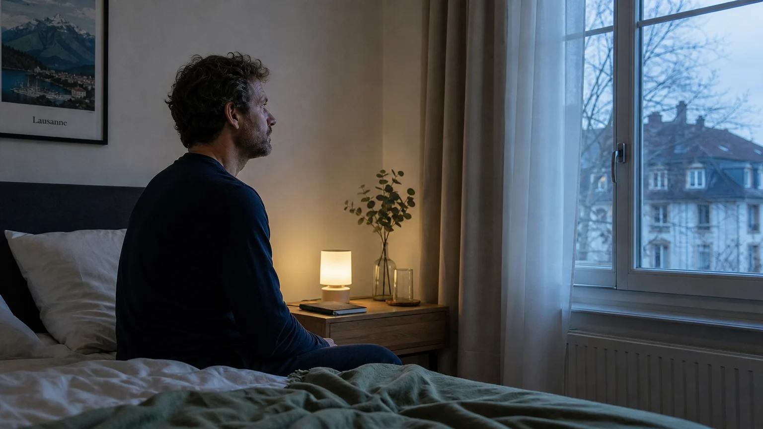 Adulte éveillé dans une chambre avant l’aube, illustrant le lien entre stress et sommeil