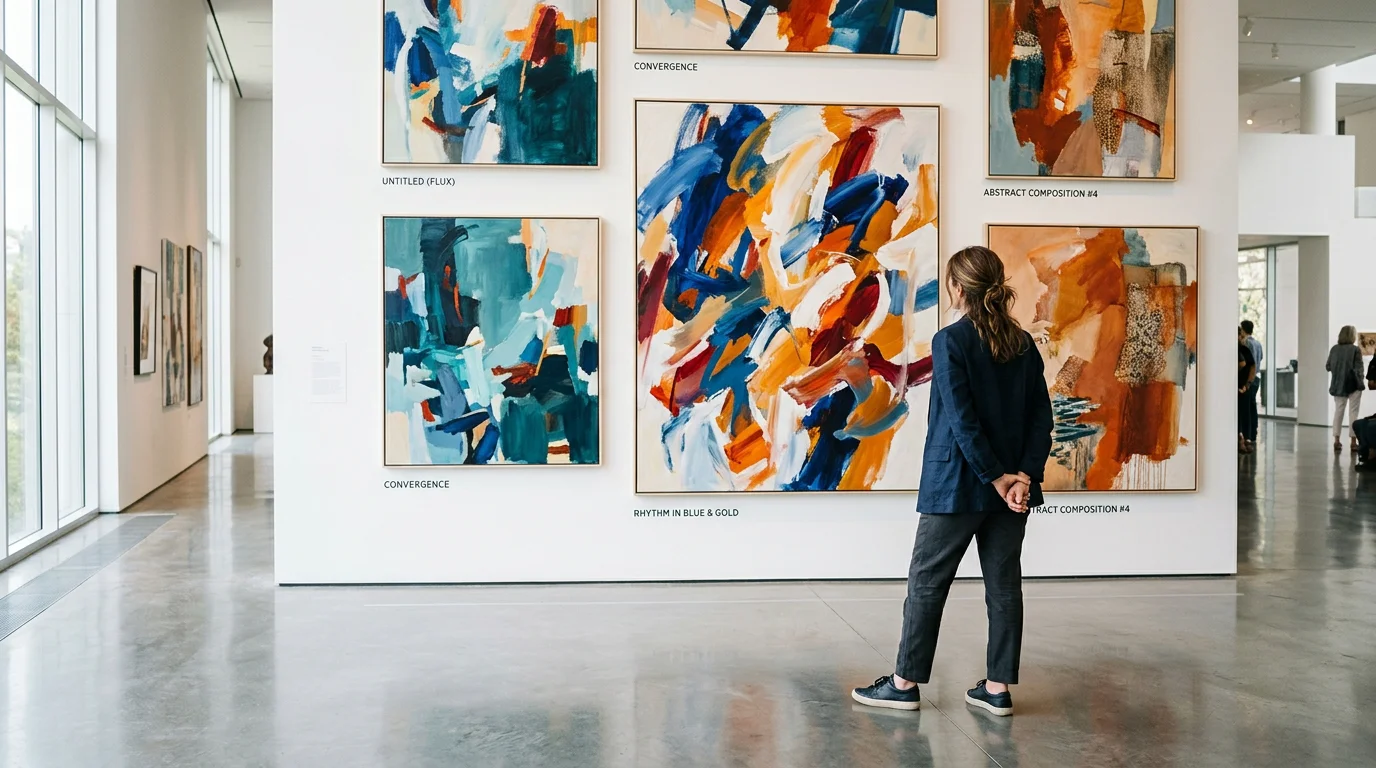 Visitor viewing large abstract paintings on a gallery wall