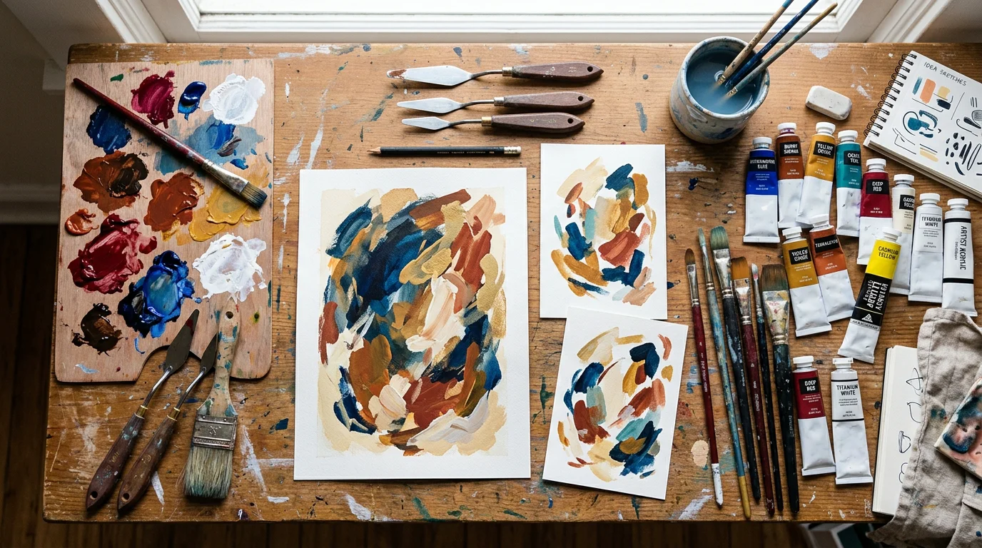 Artist studio table with abstract works and painting tools