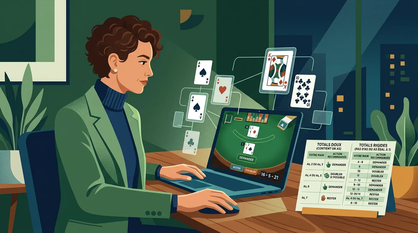 Joueur s'entraînant à la stratégie de base du blackjack sur ordinateur