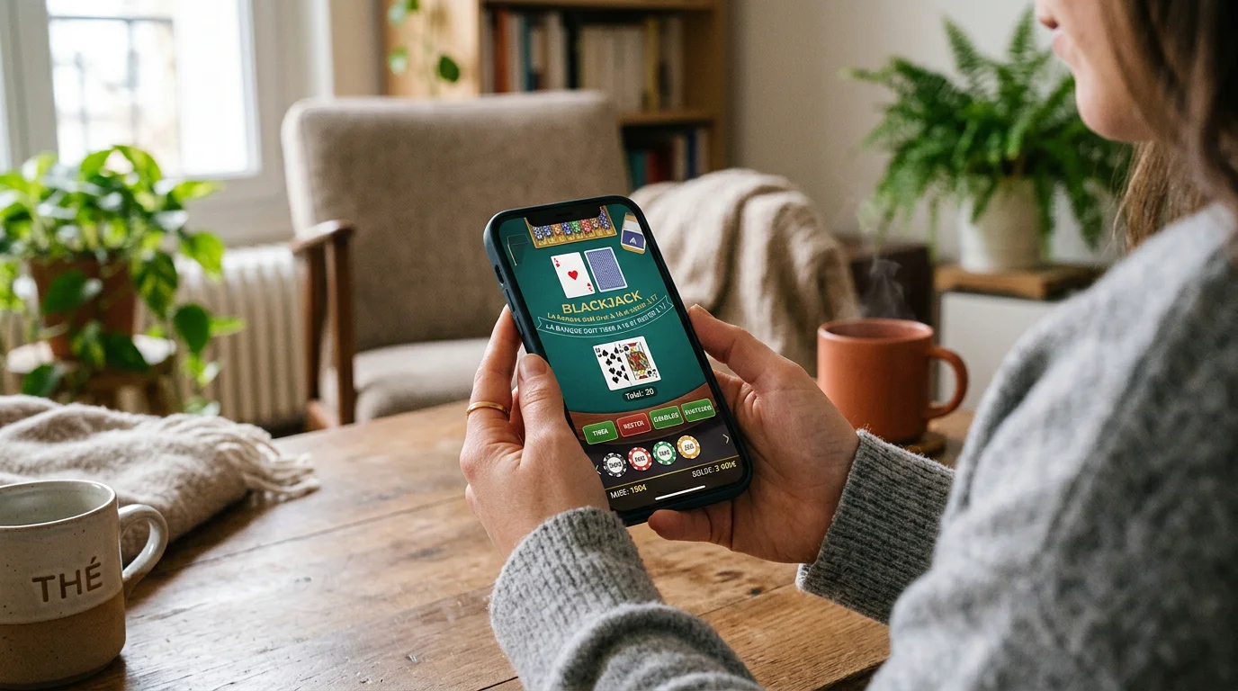 Personne jouant au blackjack en ligne sur son smartphone à la maison