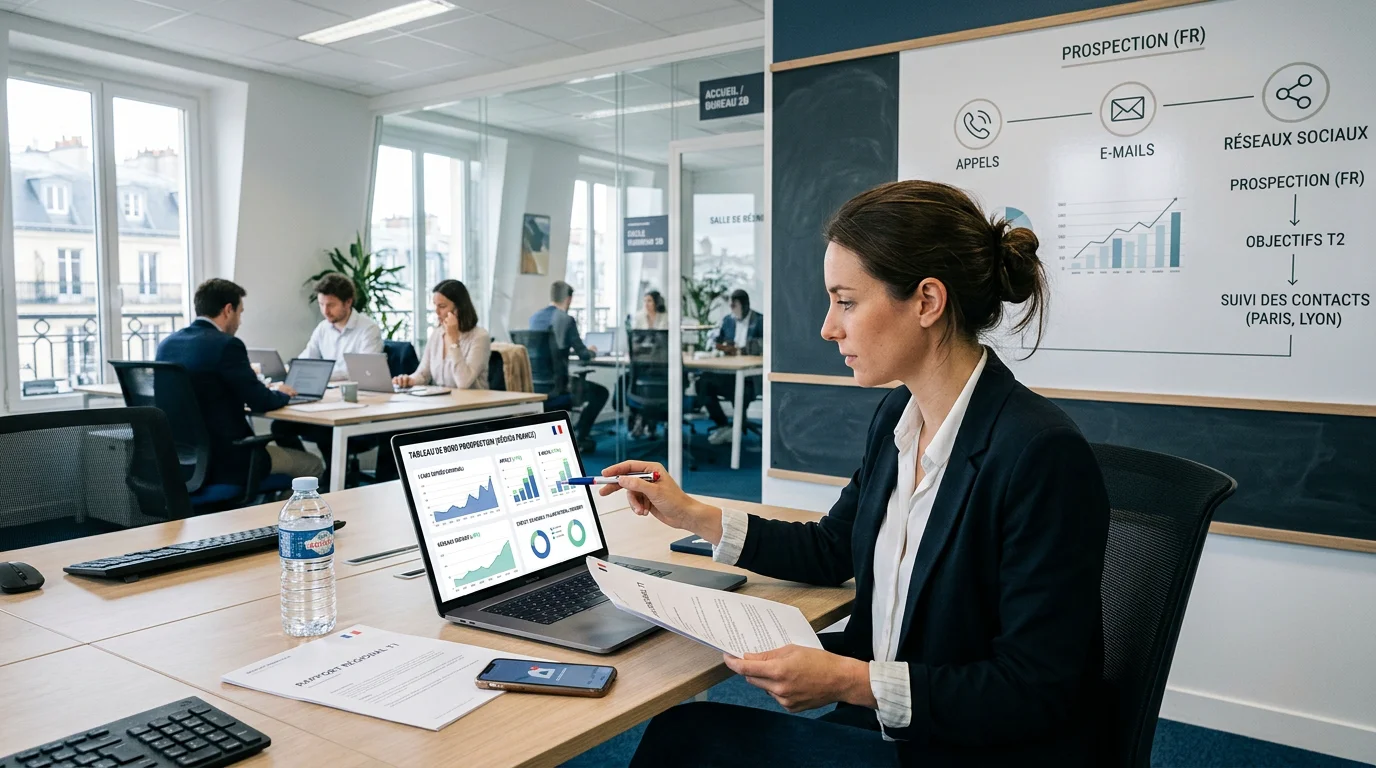 Un commercial européen compare les moyens de prospection commerciale sur un tableau de bord