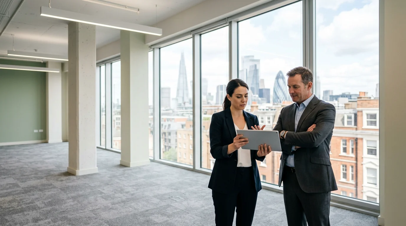 Two professionals reviewing a floor plan during an office viewing