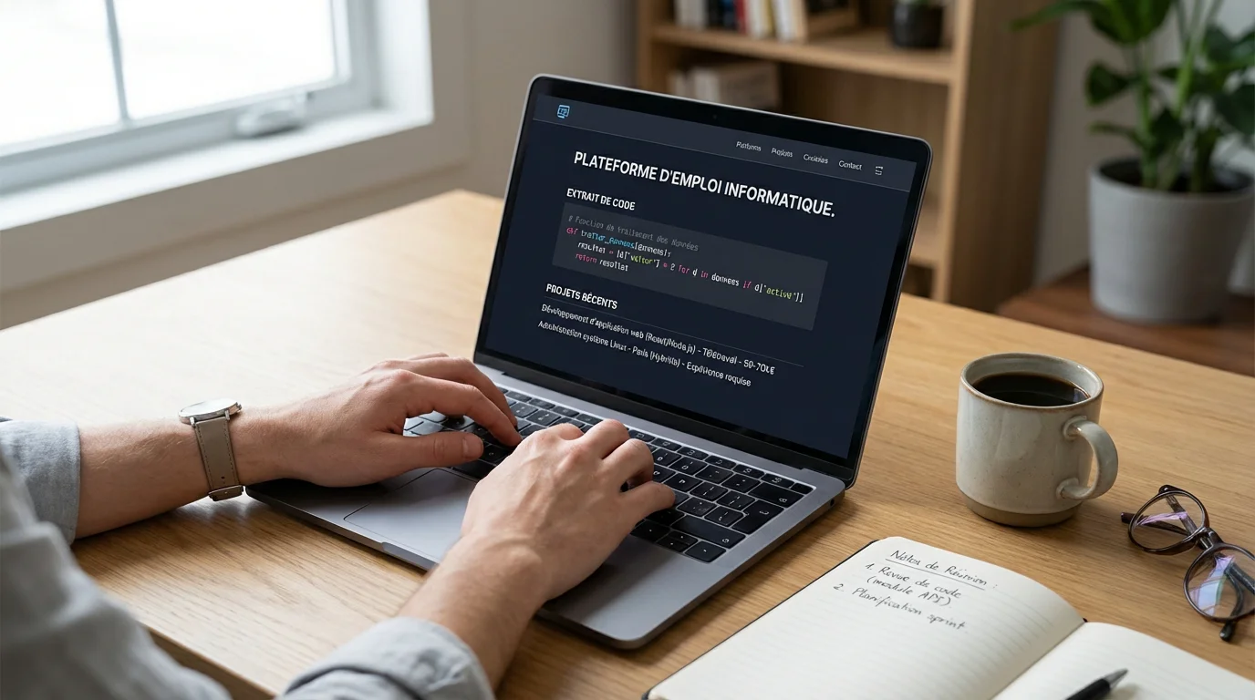 Espace de travail professionnel avec un écran affichant des offres de missions IT sur une plateforme freelance