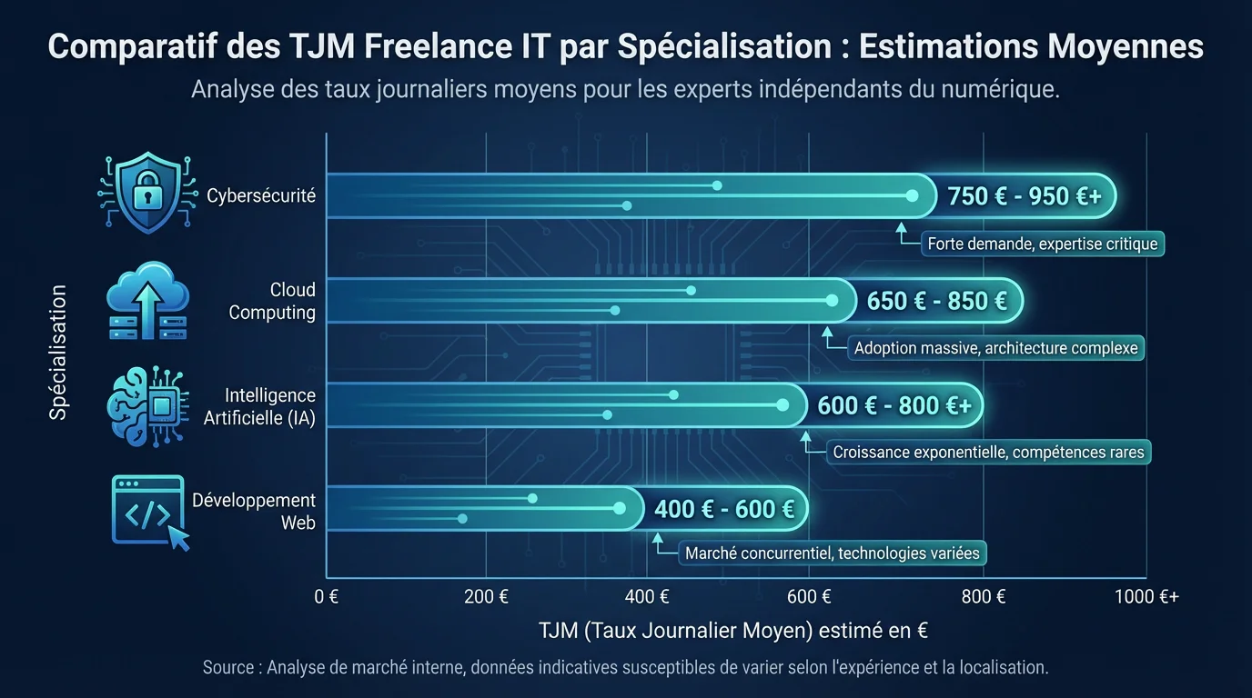 Graphique comparatif des TJM moyens par spécialité IT en France en 2026