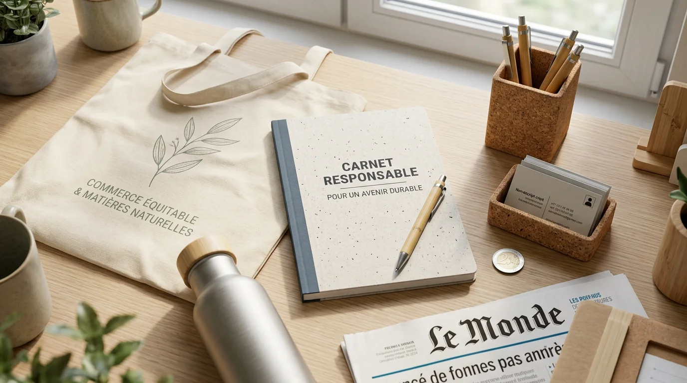 Objets publicitaires éco-responsables pour la banque disposés sur un bureau en bois clair
