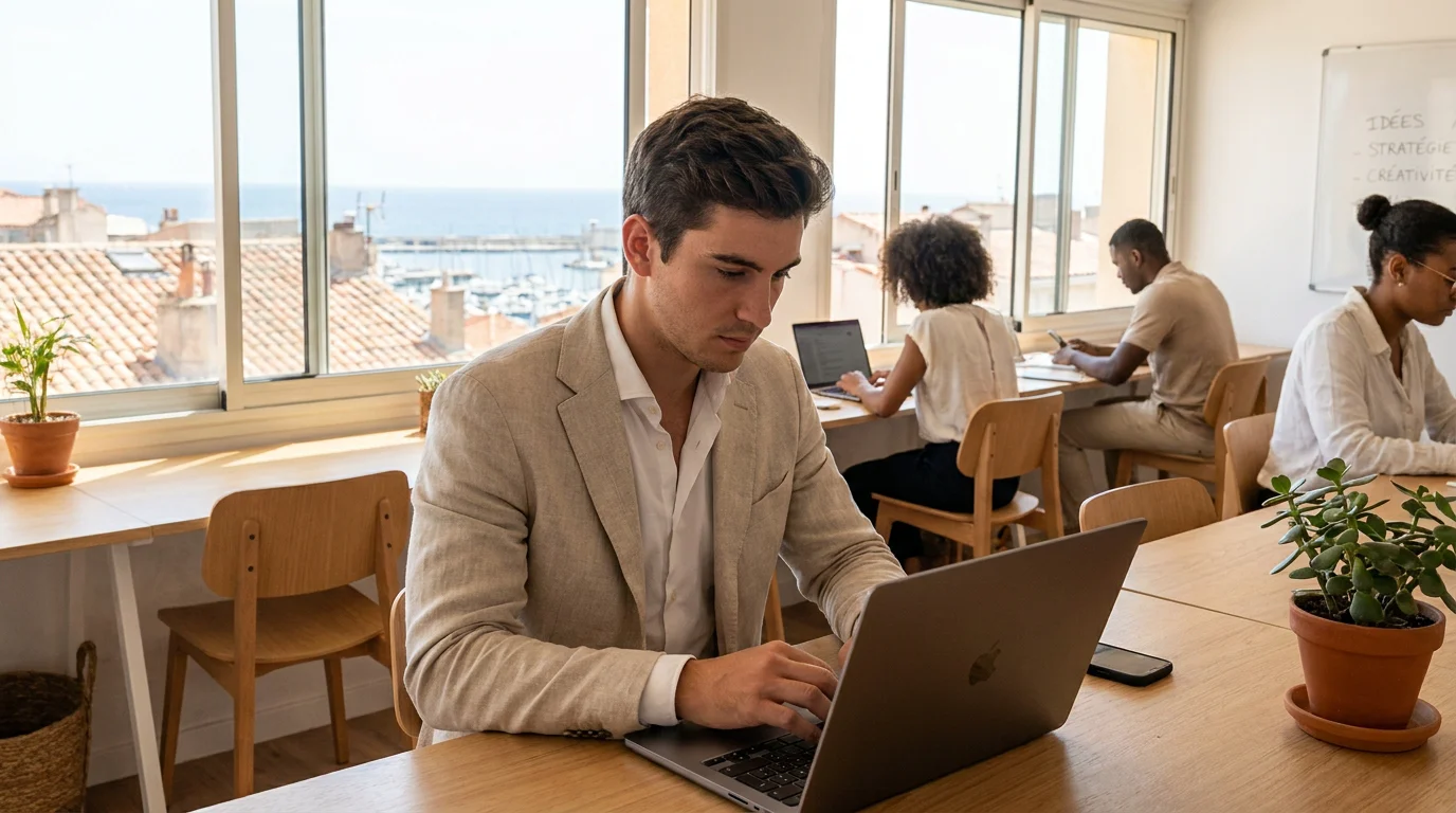 Jeune alternant en ressources humaines travaillant dans un bureau moderne à Marseille