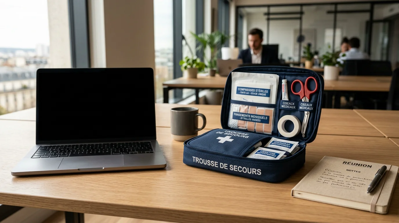 Trousse de secours posée sur un bureau d'entreprise avec son contenu médical