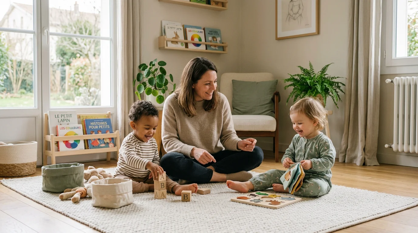 Nounou en garde partagée avec deux jeunes enfants dans un salon lumineux