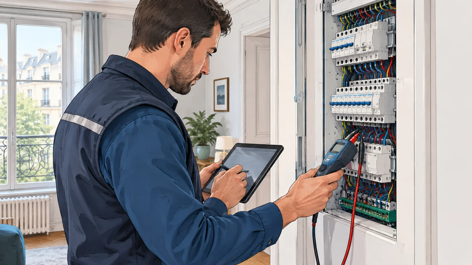 Diagnostiqueur examinant une installation électrique dans un appartement parisien