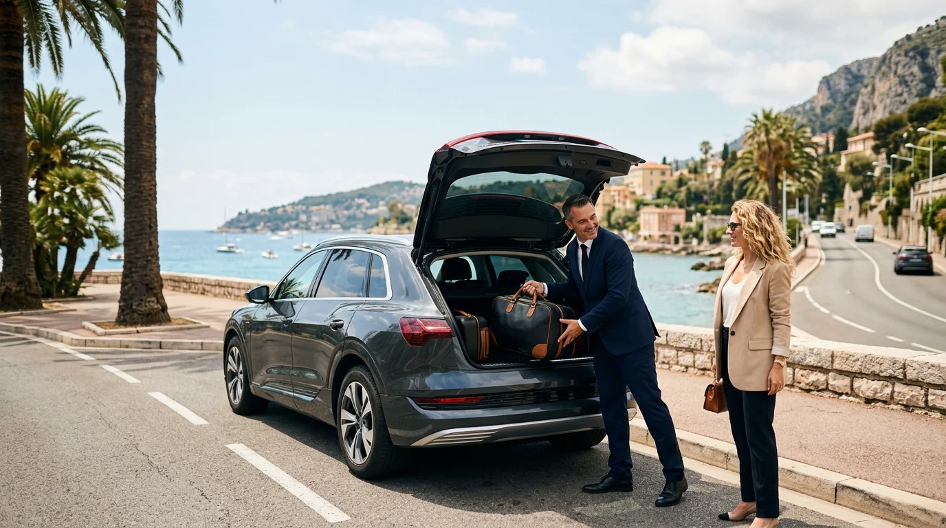 Chauffeur loading luggage into an electric SUV on a French Riviera coastal road