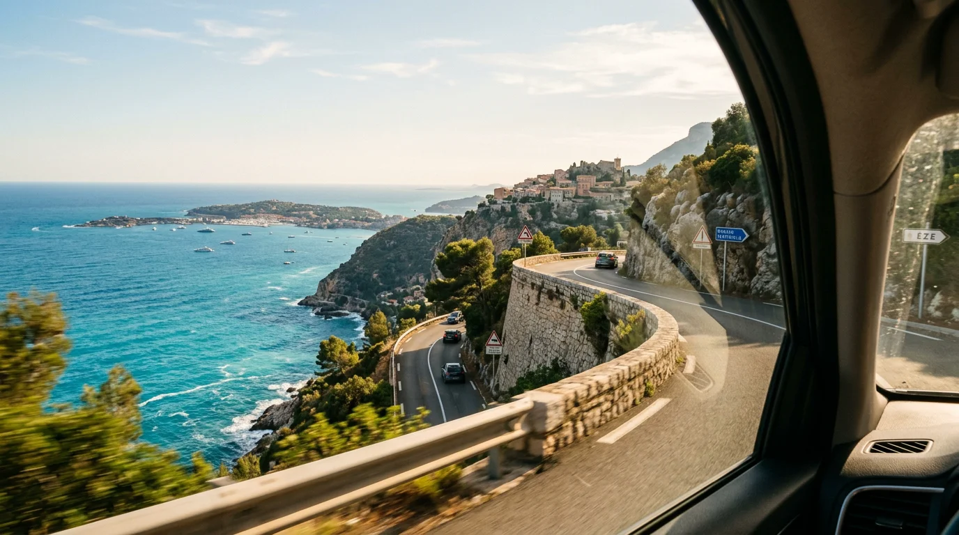 Scenic coastal road along the French Riviera between Nice and Monaco