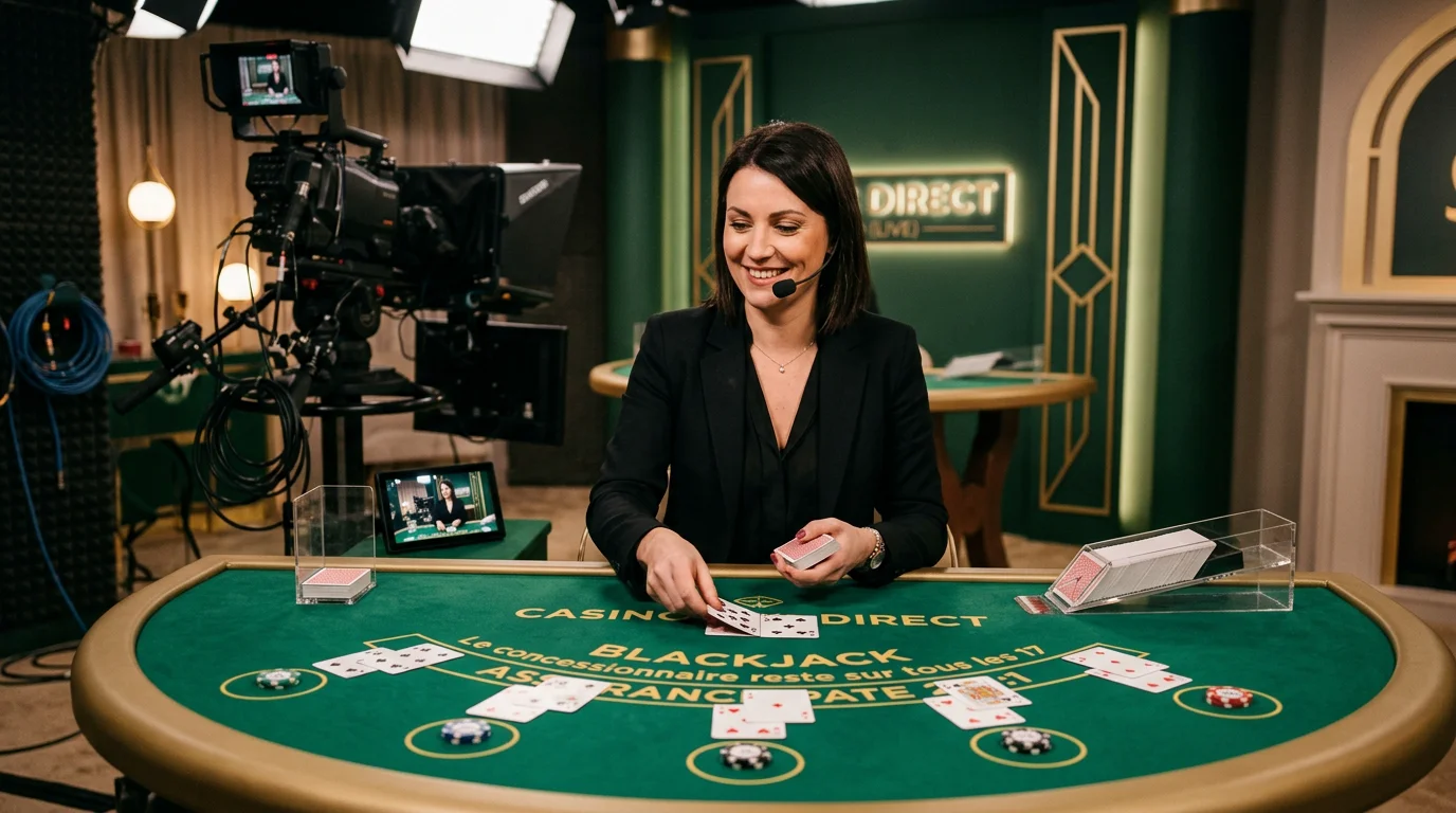 Studio de blackjack en direct avec croupier et table de jeu