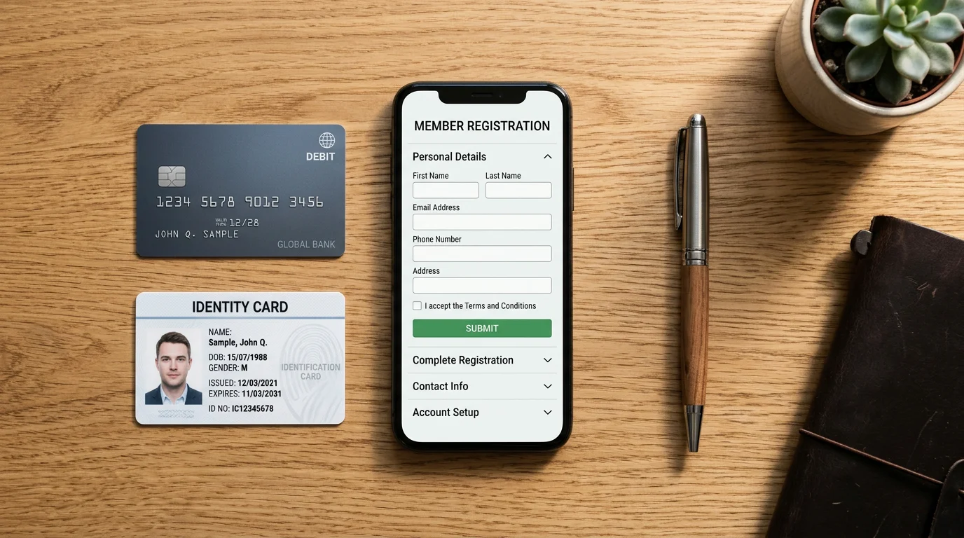 Smartphone registration form beside a card and identity document