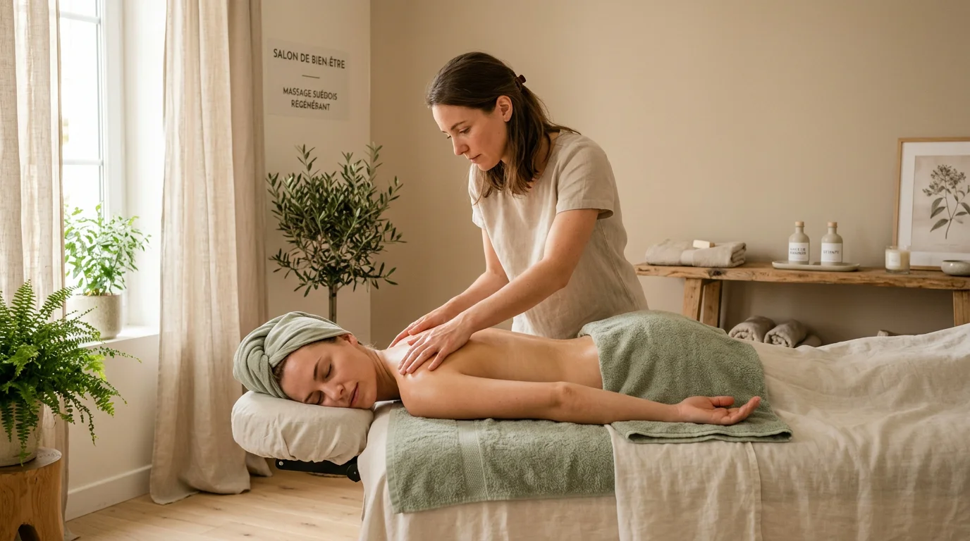 Thérapeute réalisant un massage suédois dans un cadre apaisant