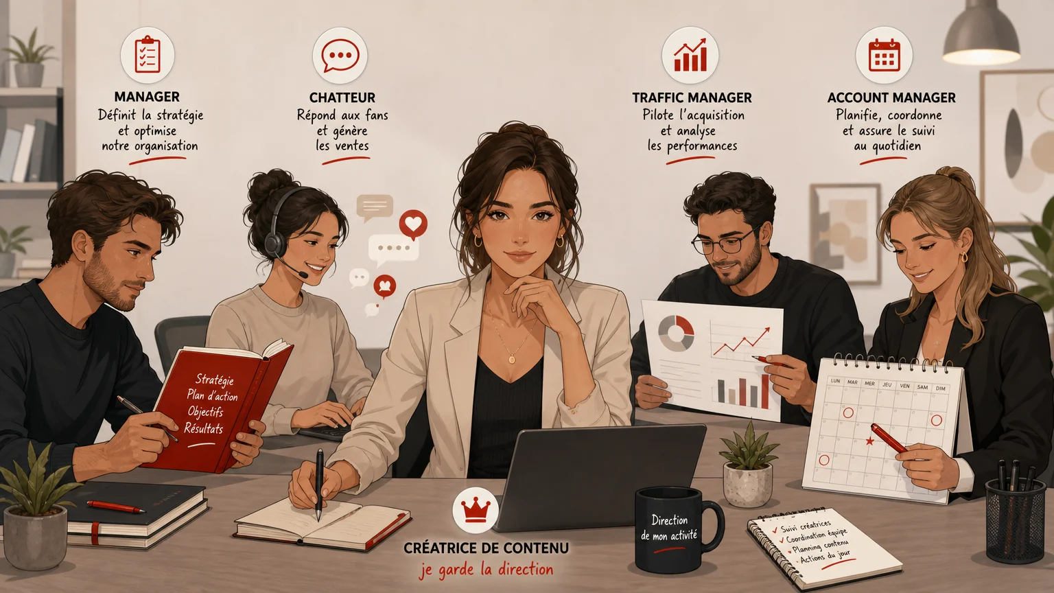 Illustration d’une équipe répartissant les rôles d’une agence OFM