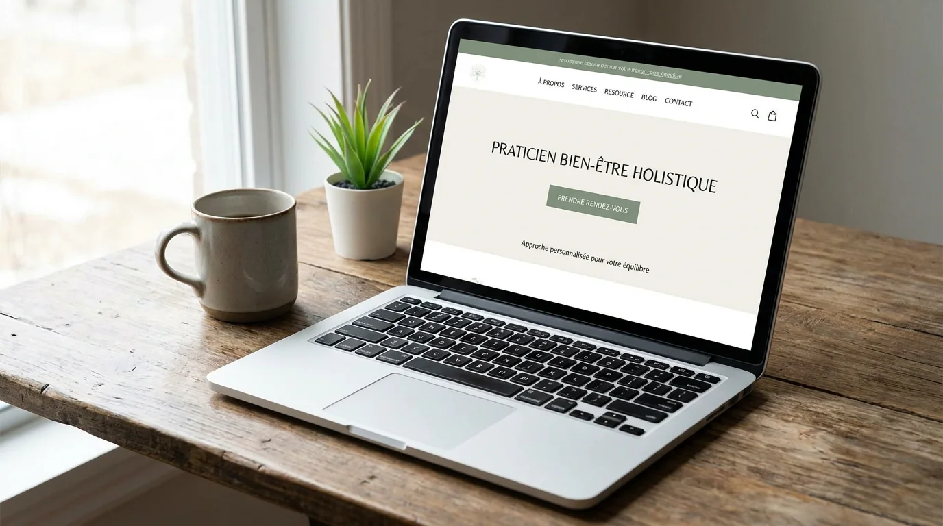 Écran d'ordinateur affichant un site de thérapeute avec un bouton d'appel à l'action bien visible