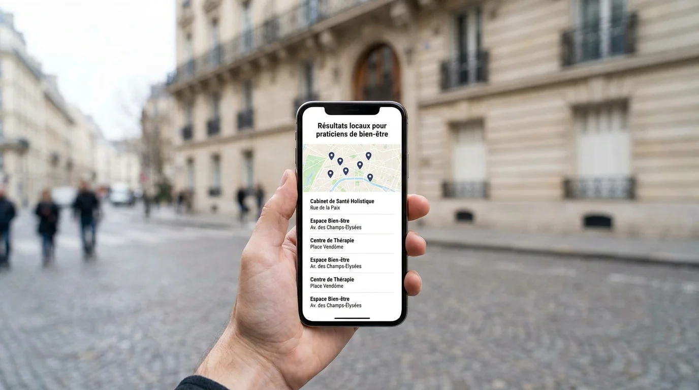 Smartphone affichant une recherche Google Maps de thérapeutes à proximité dans une ville française