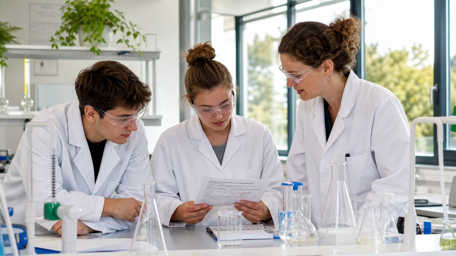 Étudiants européens portant des blouses personnalisées dans un laboratoire scolaire