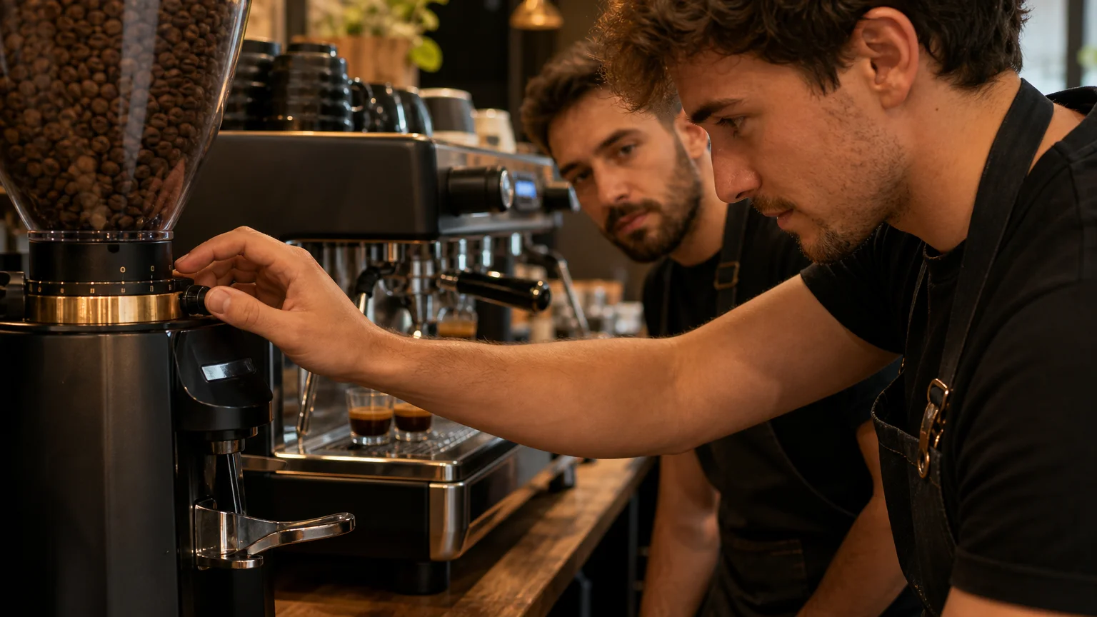 Barista en formation règle un moulin espresso sur le matériel de son établissement
