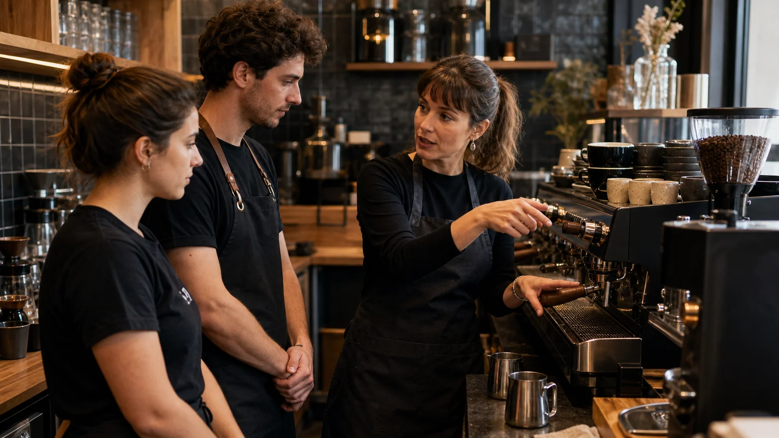 Échange entre une formatrice et une équipe de coffee shop autour du poste de travail