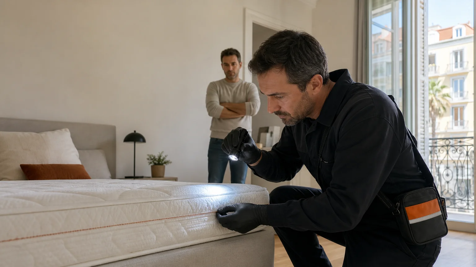Technicien inspectant une literie dans un appartement niçois avant un traitement contre les punaises de lit