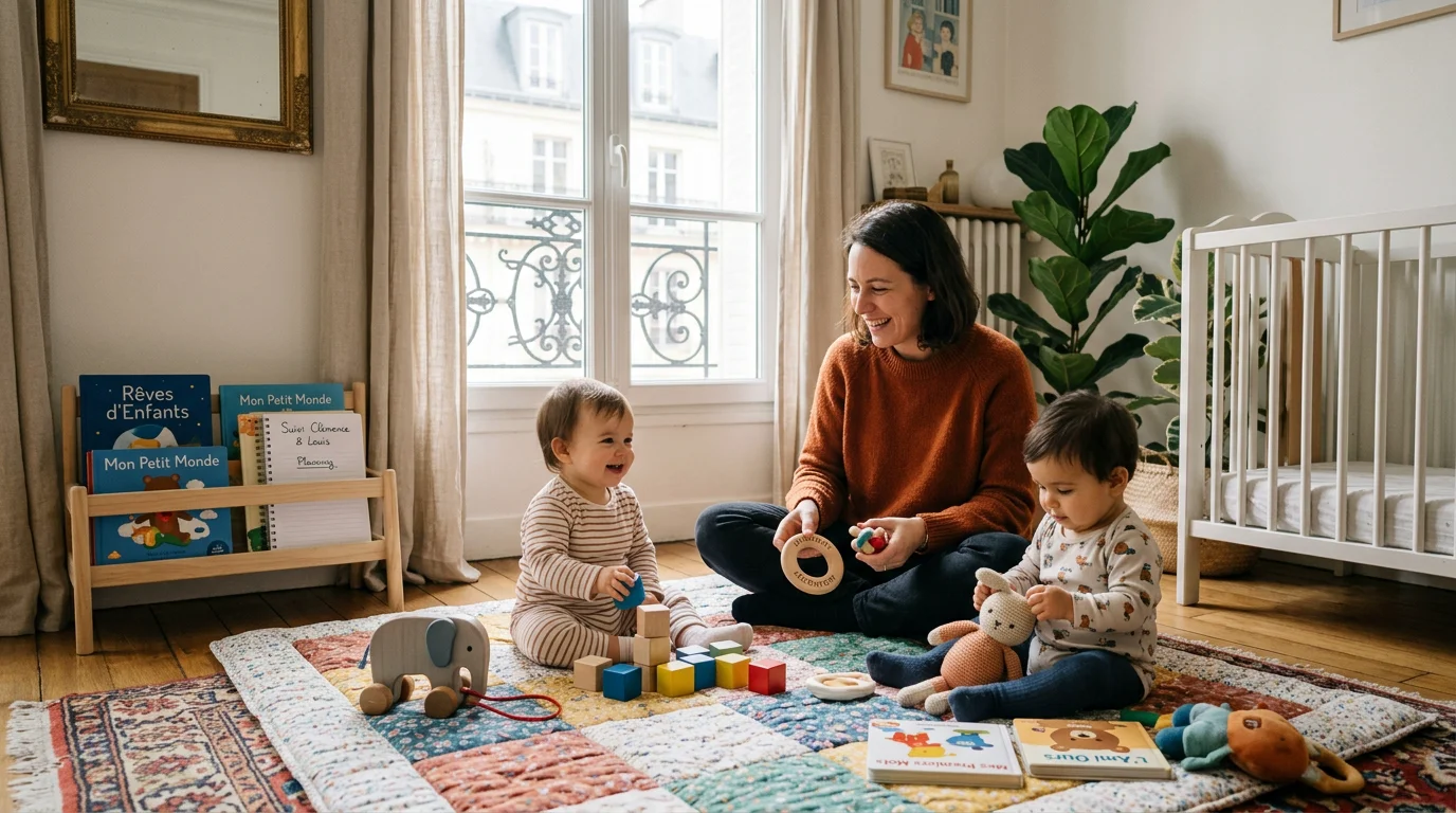 Une nounou s'occupe de deux bébés en garde partagée dans un salon lumineux
