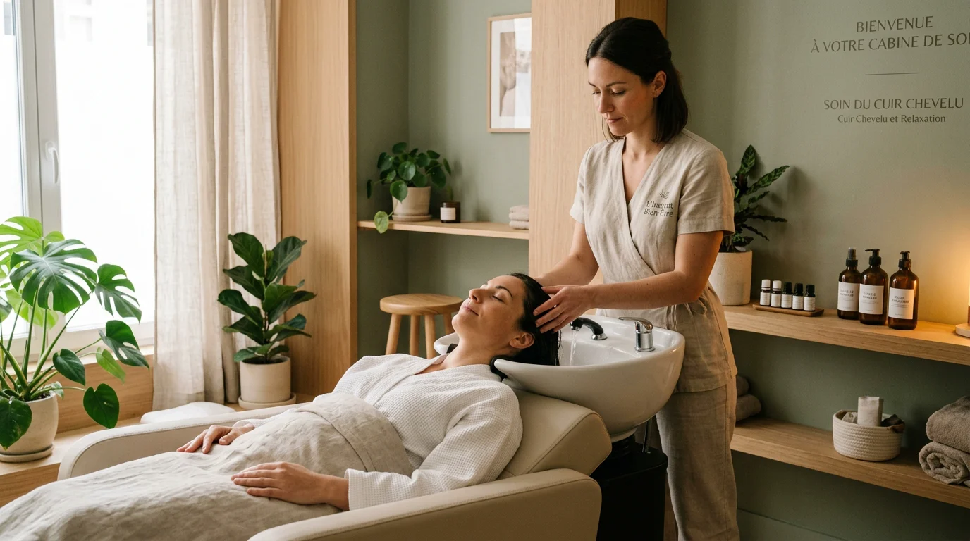 Praticienne réalisant un soin head spa sur une cliente allongée dans une cabine premium