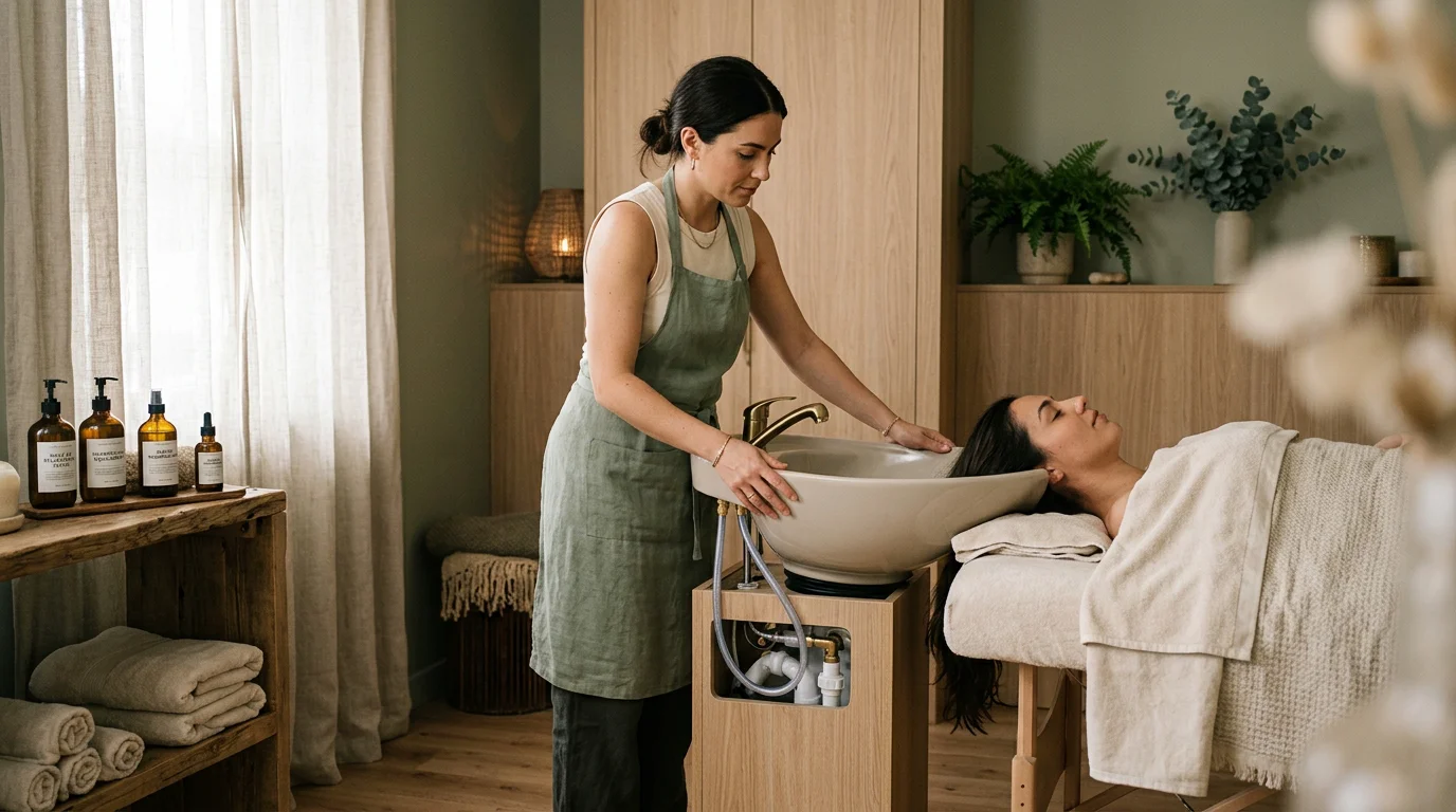 Cabine de head spa professionnelle avec bac raccordé et espace de soin lumineux