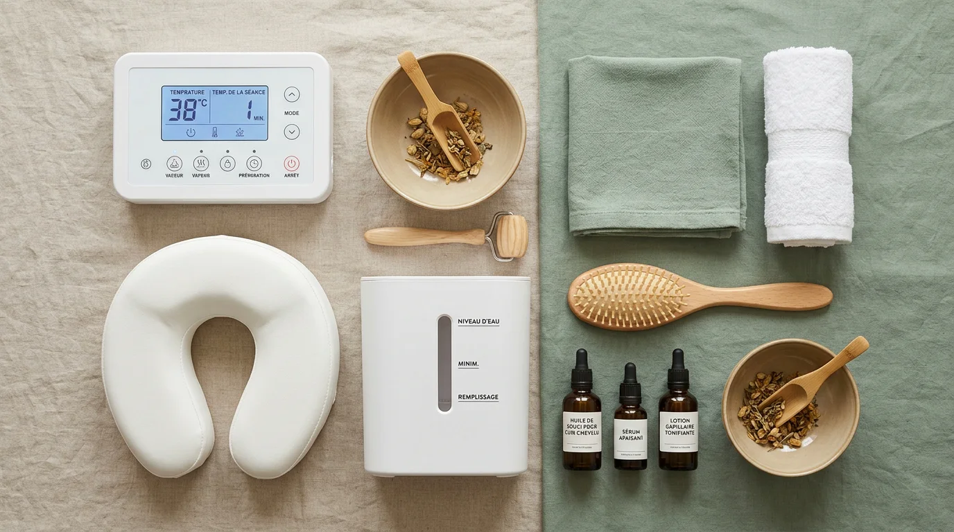Composition à plat du matériel professionnel de head spa avec thermostat et repose-nuque