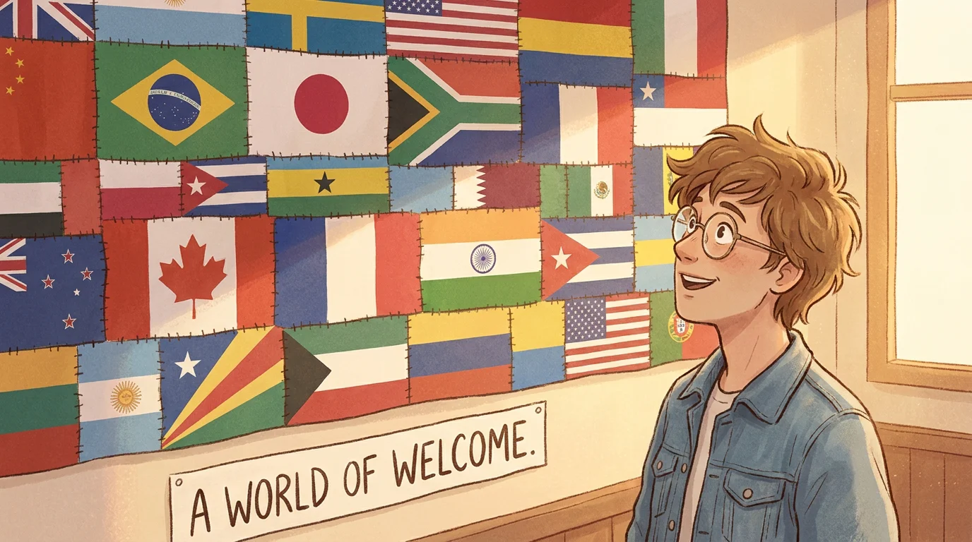 Colorful mosaic of world flags with a curious person admiring them