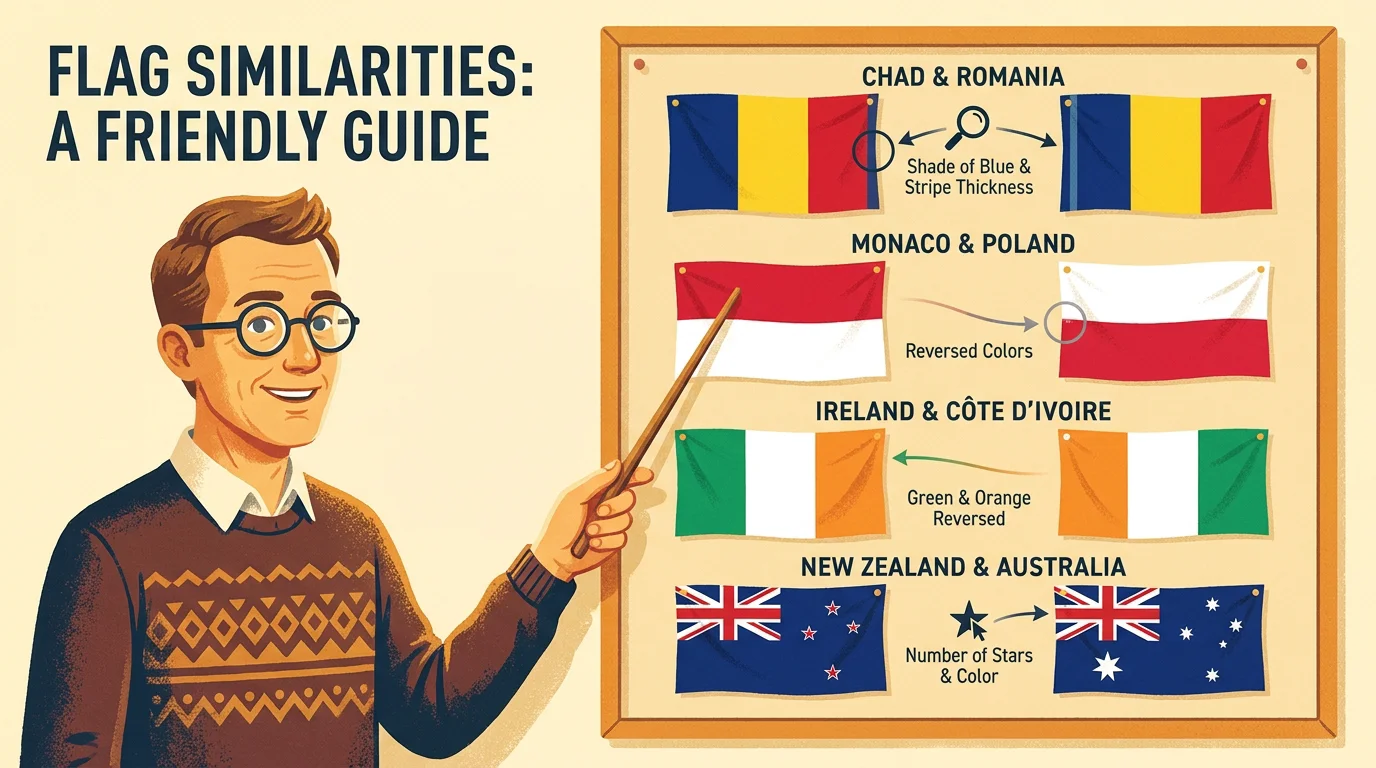 Side-by-side comparison of commonly confused country flags with differences highlighted