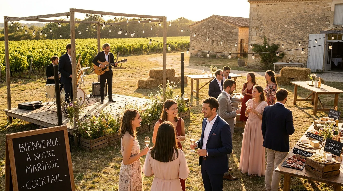 Groupe de musiciens jouant en live lors d'un cocktail de mariage en plein air