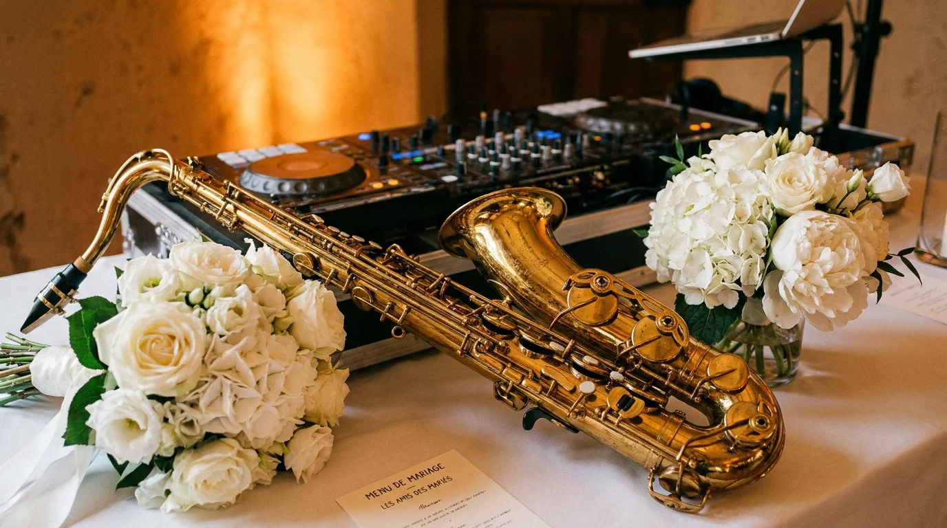 Saxophone doré posé sur une table de réception de mariage élégante