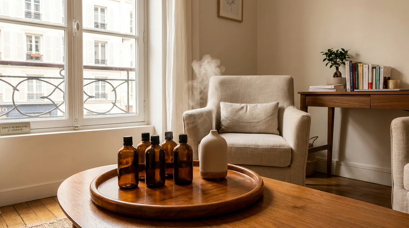 Cabinet de thérapeute holistique avec flacons d'huiles essentielles et diffuseur aromatique