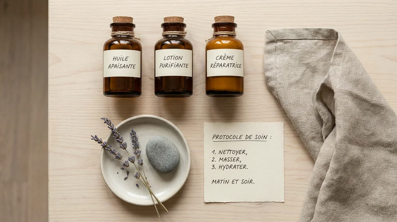 Protocole d'aromathérapie énergétique organisé sur une table de thérapeute