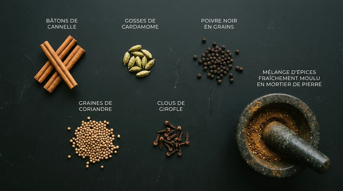 Épices entières du garam masala disposées séparément autour d'un mortier en pierre