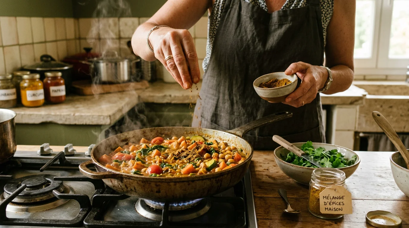 Cuisinier saupoudrant du garam masala sur un curry de légumes et pois chiches