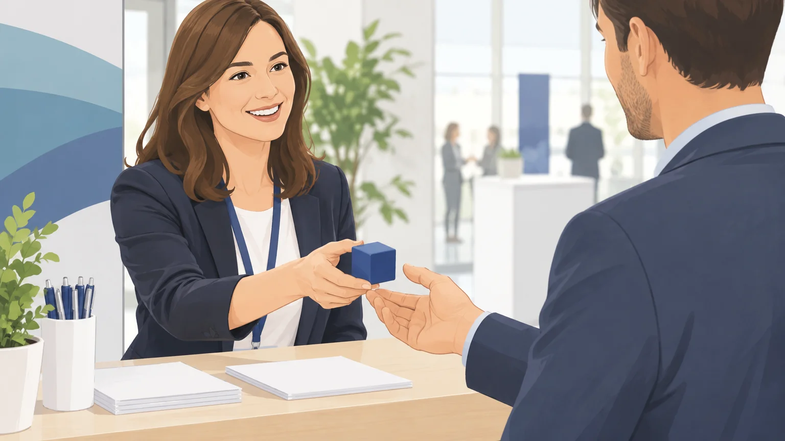 Distribution d’un petit cube antistress à l’accueil d’un événement professionnel