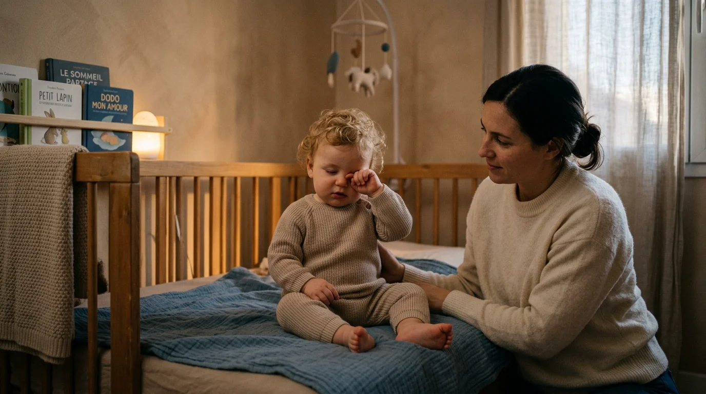 Bébé fatigué se frottant les yeux dans une chambre à la lumière tamisée