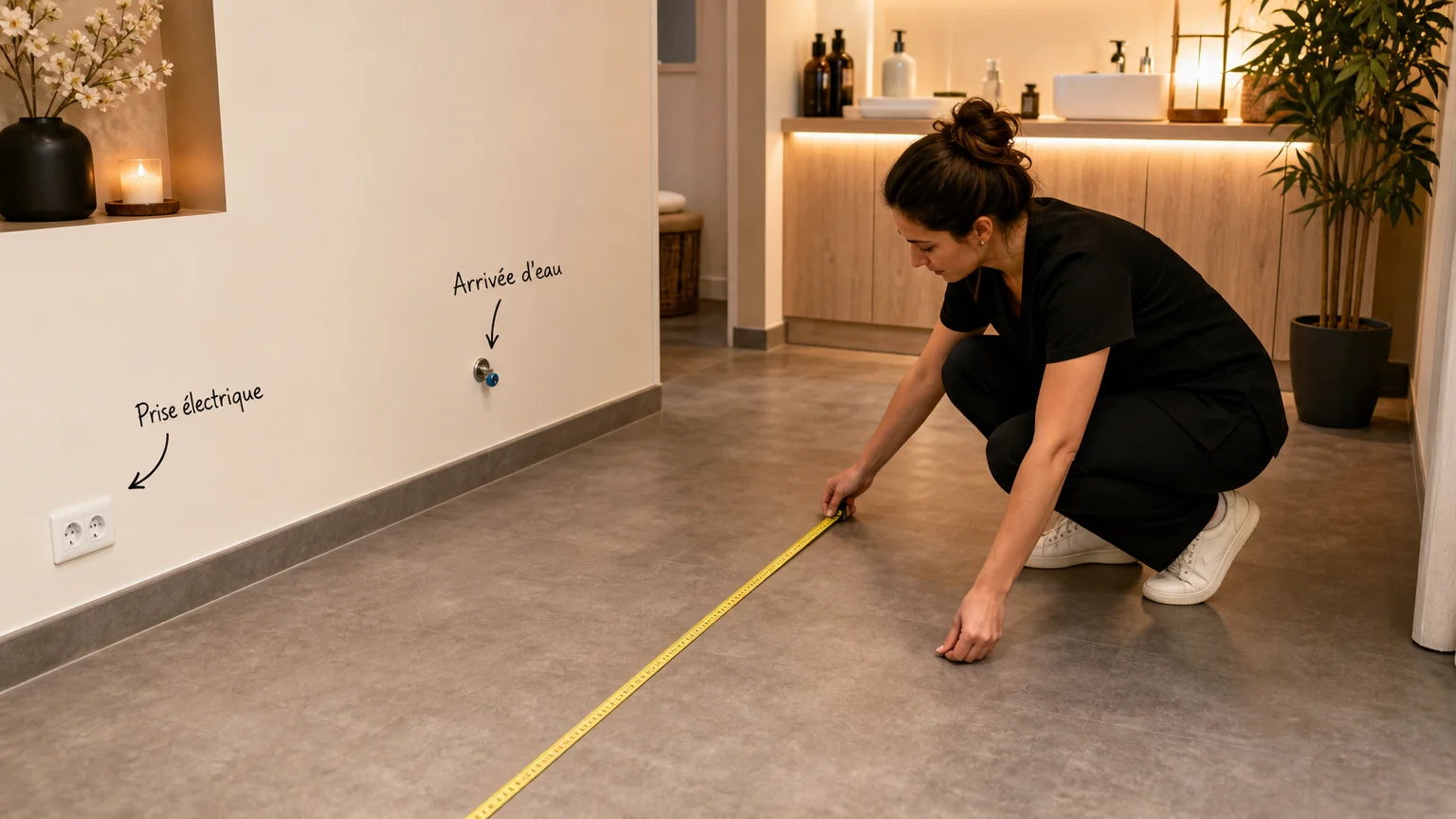 Praticienne mesurant une cabine avant l’installation d’un équipement Head Spa